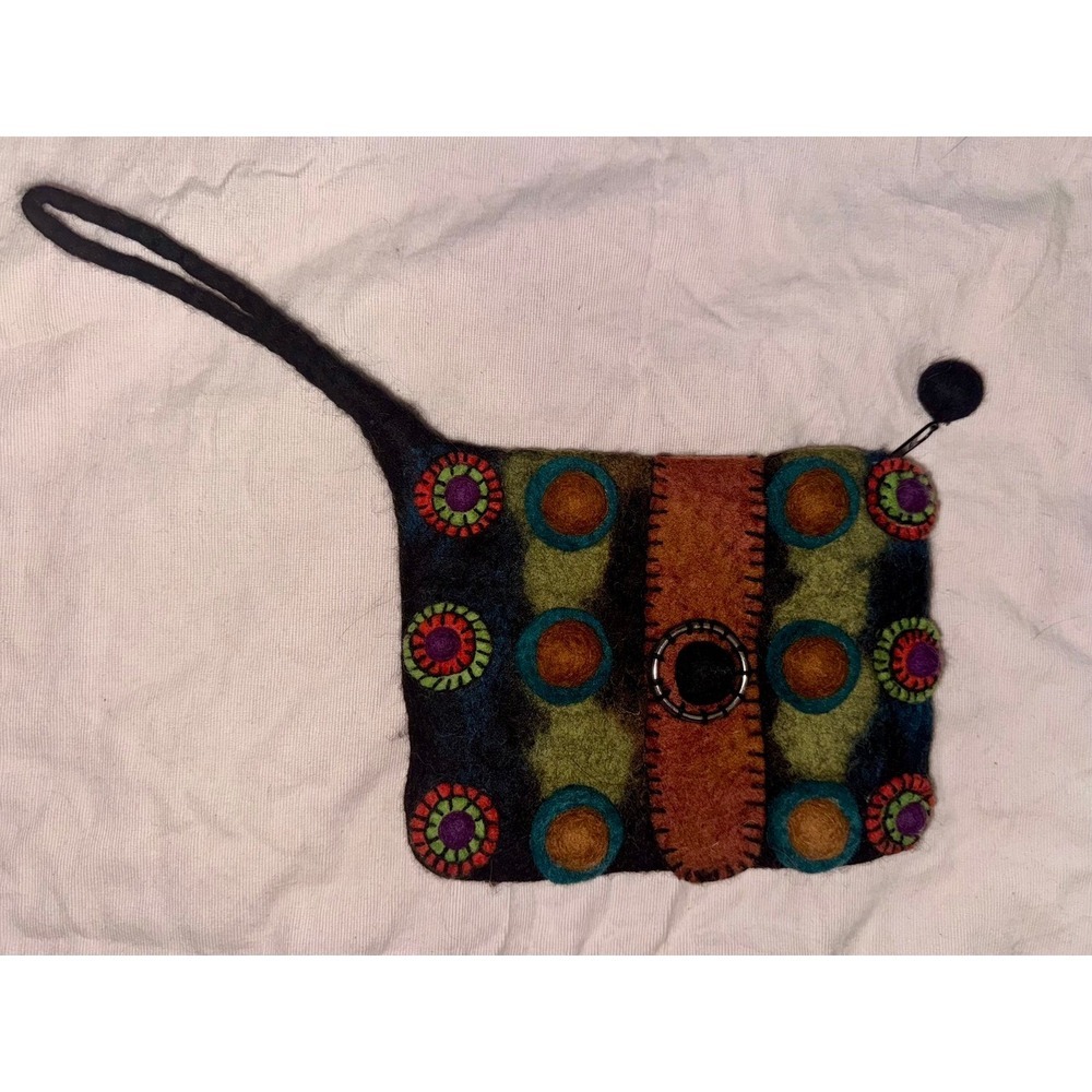 Handmade vintage black‎ wool wristlet multicolored 3d art features made in Nepal